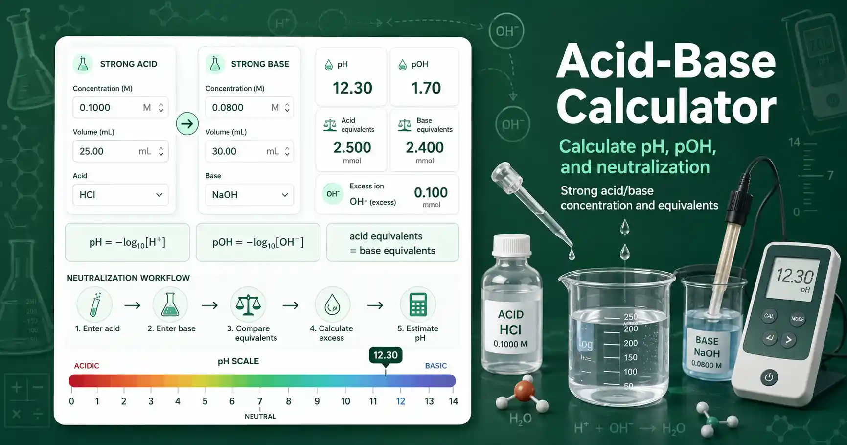 Acid-Base Calculator interface showing strong acid/base pH, pOH, neutralization equivalents, and excess ion result