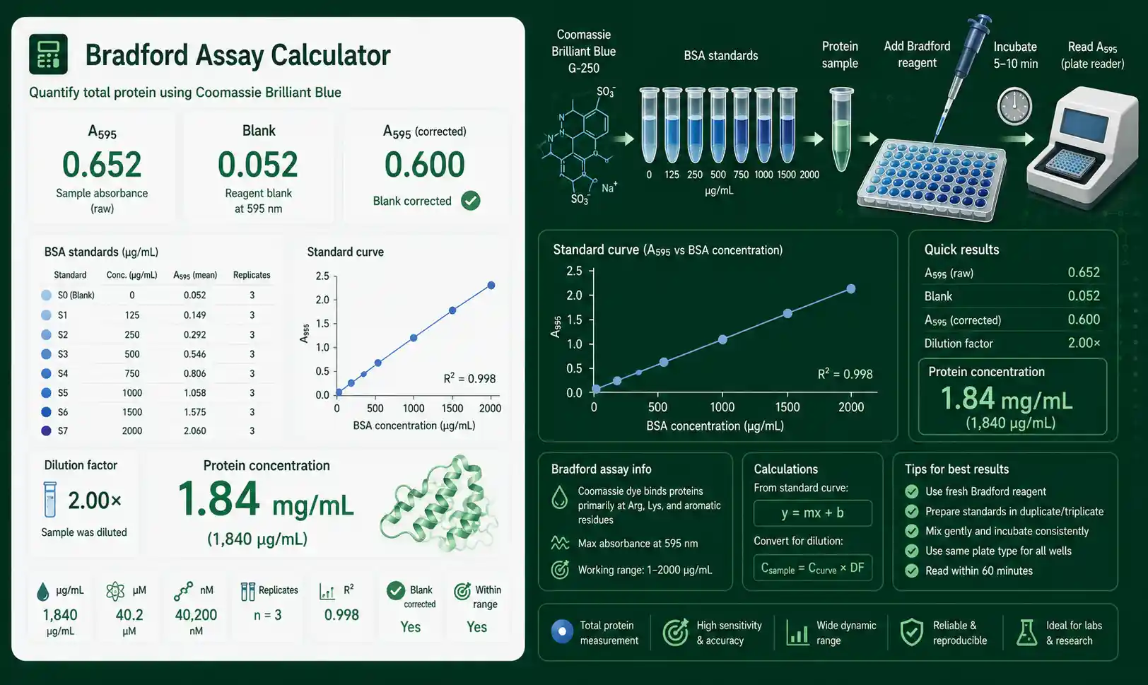 Bradford Assay Calculator interface showing inputs, calculated results, and molecular lab workflow cards