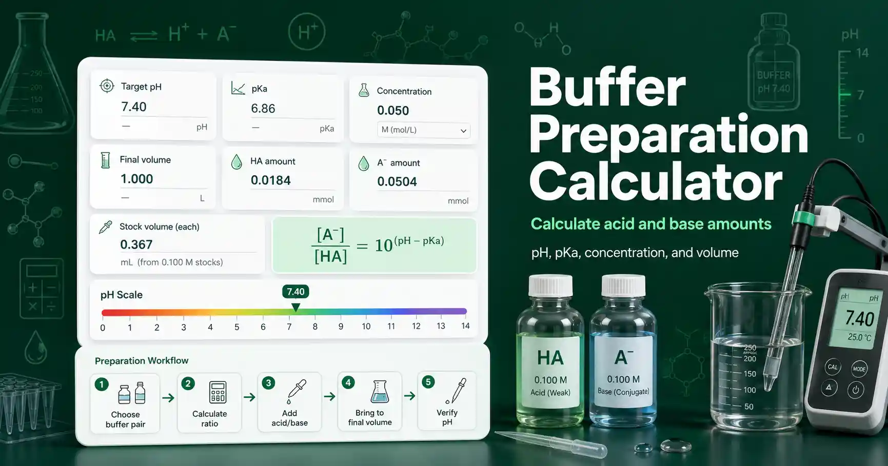 Buffer Preparation Calculator interface showing target pH, pKa, concentration, volume, and acid-base component results