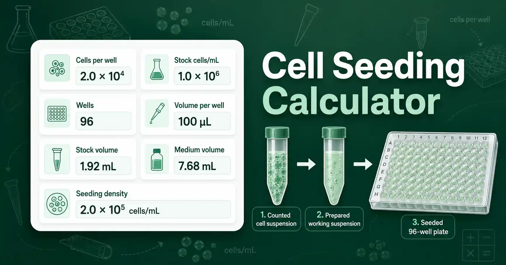Cell Seeding Calculator interface showing cells per well, stock concentration, medium volume, and seeding density