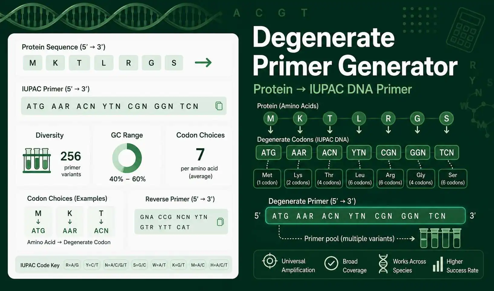 Degenerate Primer Generator showing protein sequence conversion into IUPAC DNA codons and primer diversity