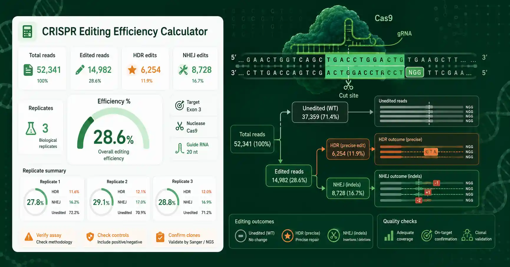 Editing Efficiency Calculator interface showing inputs, calculated results, and molecular lab workflow cards