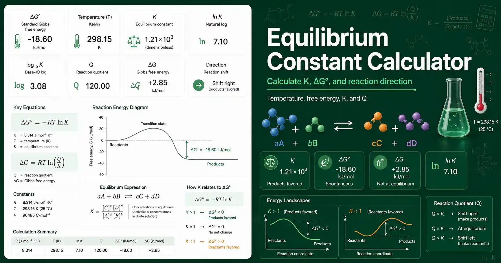 Equilibrium Constant Calculator interface showing K, ΔG, temperature, reaction quotient, and thermodynamic direction result