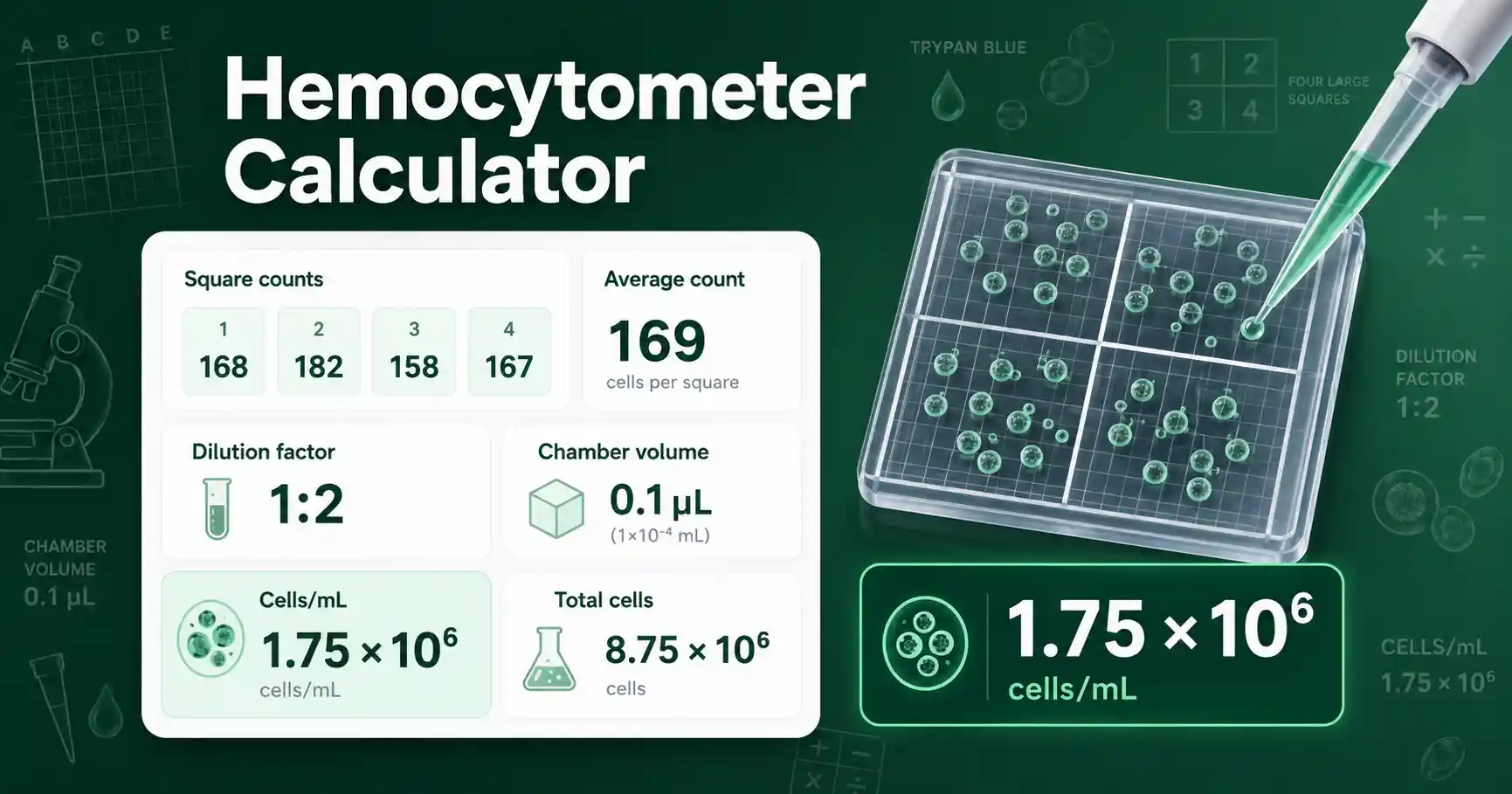 Hemocytometer Calculator interface showing chamber counts, dilution factor, cells per mL, and total cell results