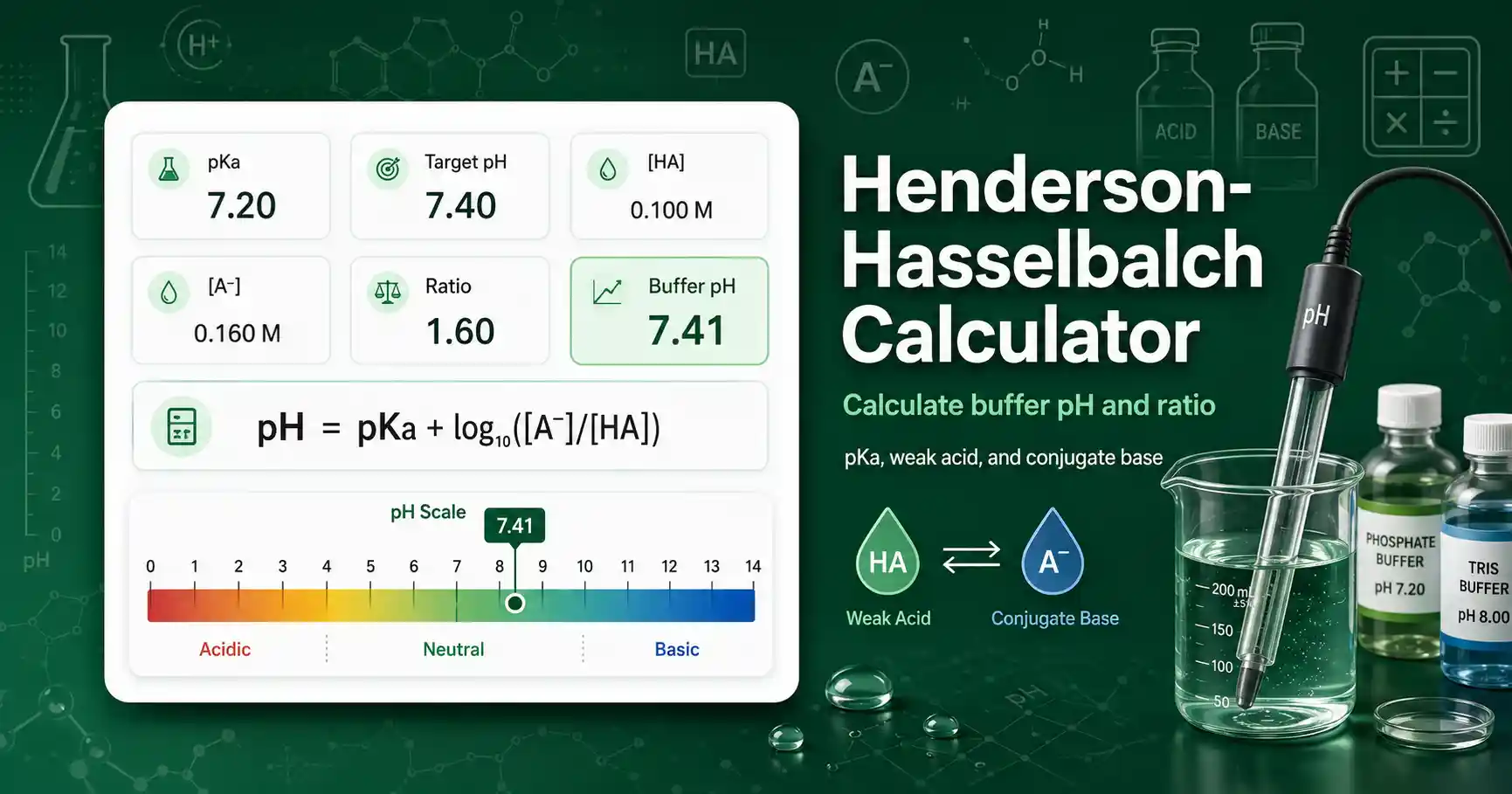 Henderson-Hasselbalch Calculator interface showing pKa, buffer pH, weak acid, and conjugate base ratio