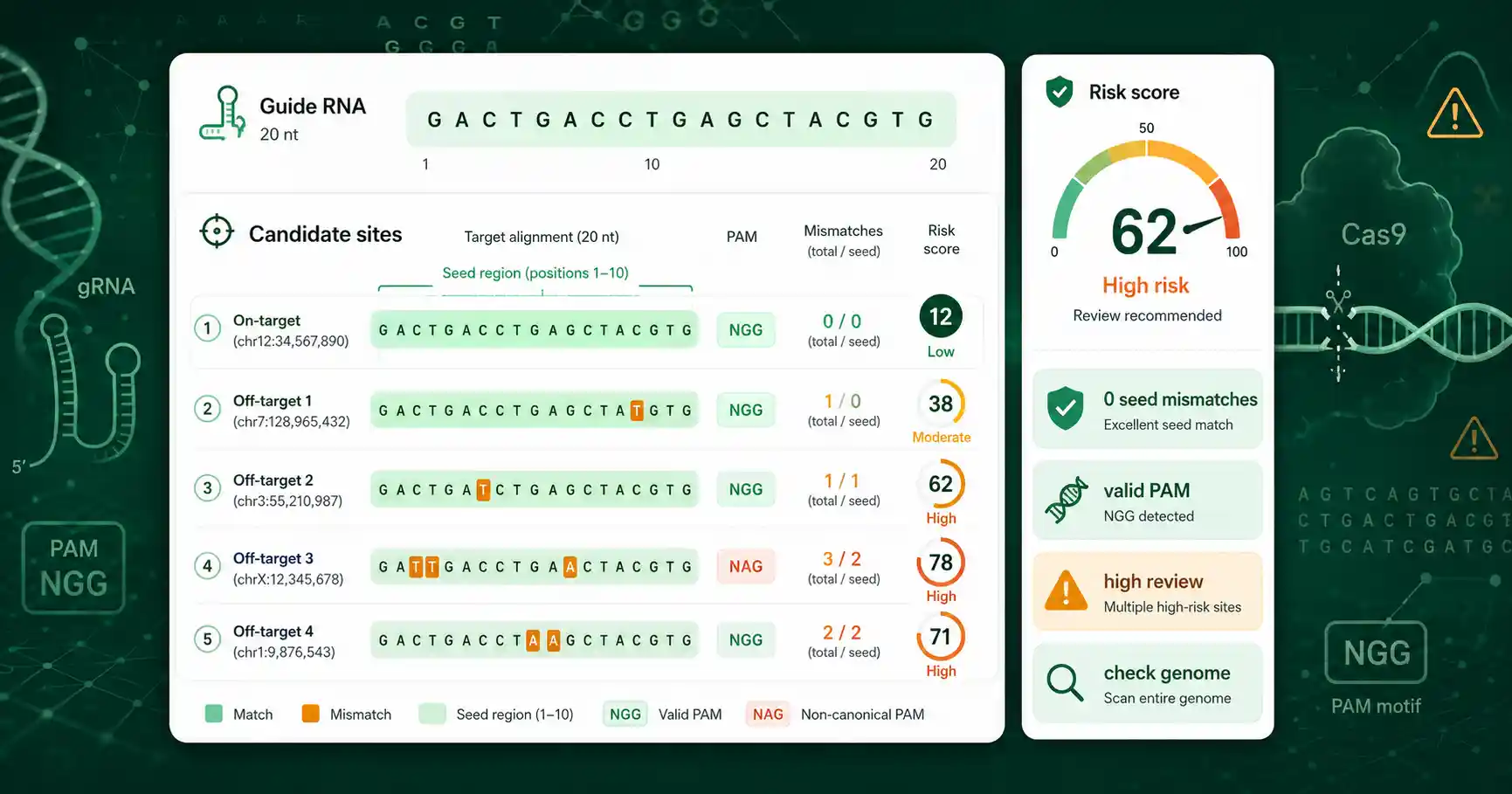 Off-Target Risk Checker interface showing guide RNA mismatches, seed region, PAM status, and risk score