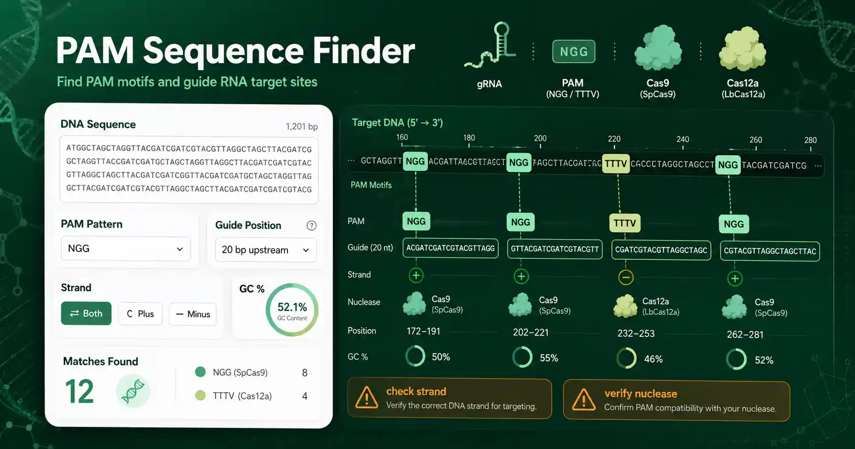 PAM Sequence Finder interface showing DNA sequence, PAM pattern, guide spacer, strand, and CRISPR target matches