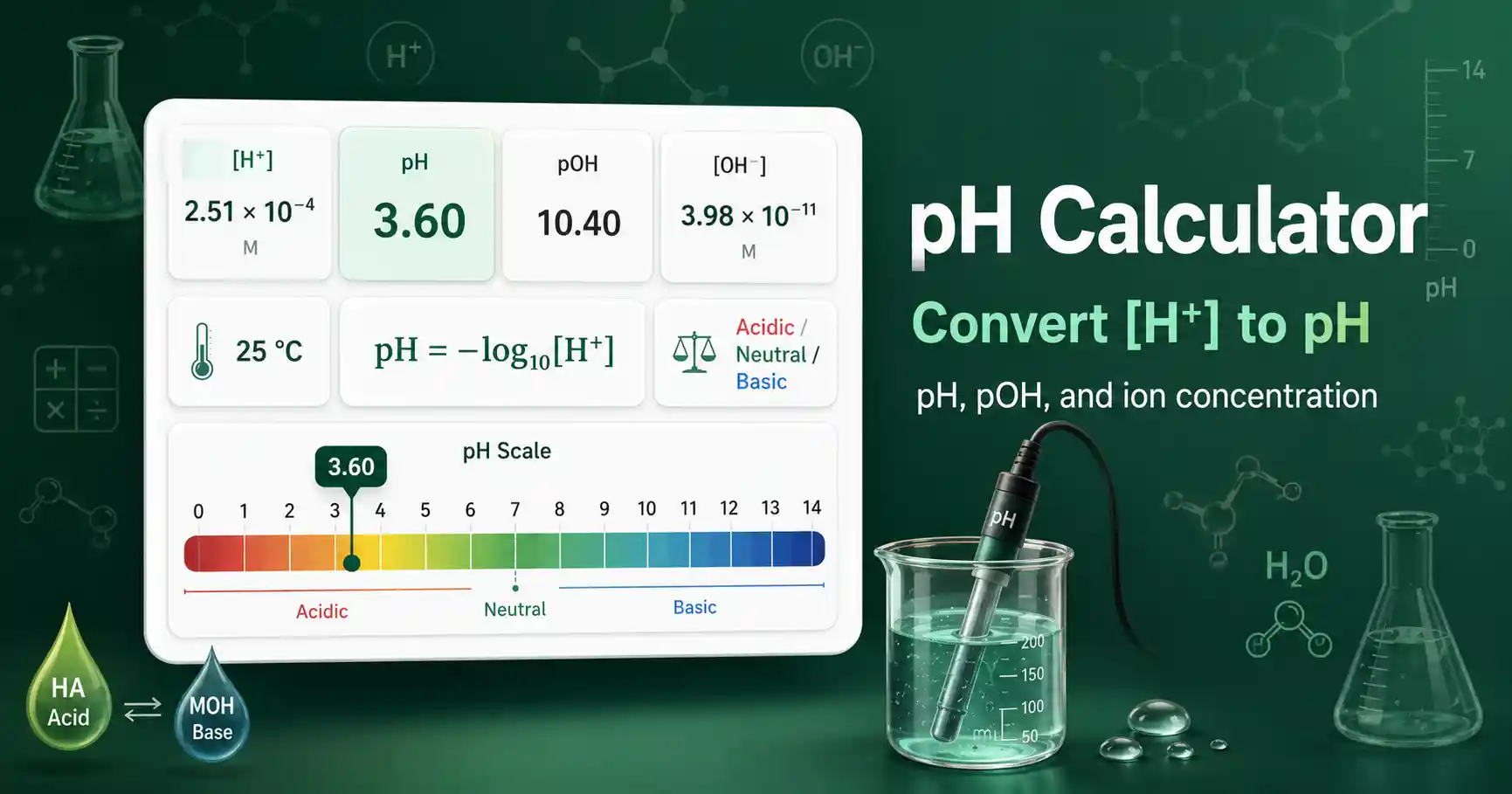 pH Calculator interface showing hydrogen ion concentration, pH, pOH, hydroxide concentration, and acidity class