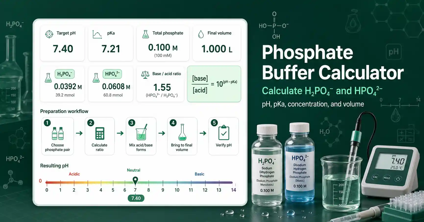 Phosphate Buffer Calculator interface showing target pH, phosphate pair, concentration, volume, and acid-base component results