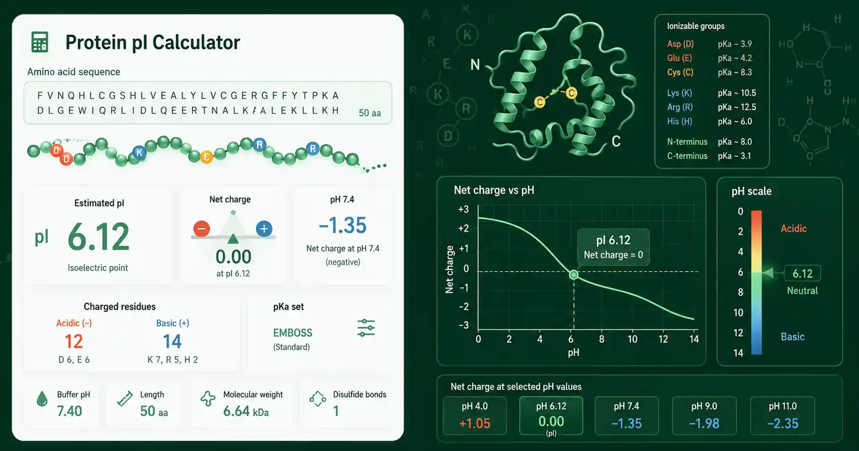 Protein pI Calculator interface showing inputs, calculated results, and molecular lab workflow cards