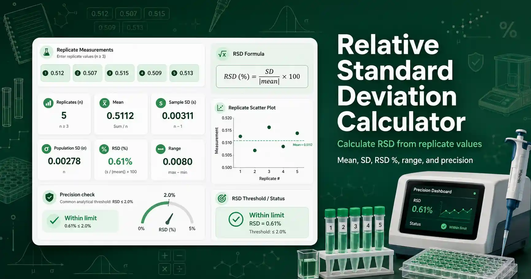 Relative Standard Deviation Calculator dashboard showing replicate values, mean, standard deviation, and RSD percent