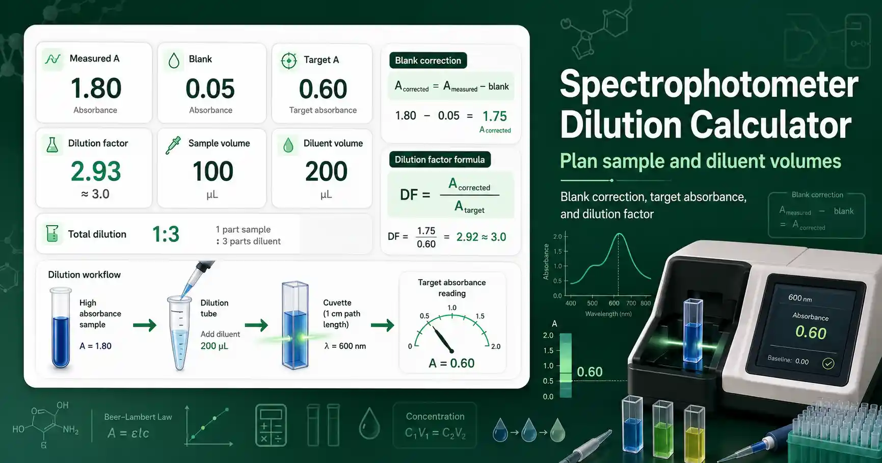 Spectrophotometer Dilution Calculator interface showing absorbance, blank correction, dilution factor, and sample volume result