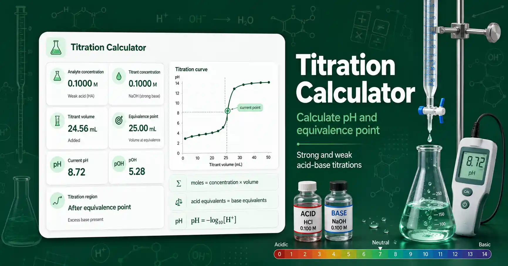 Titration Calculator interface showing analyte concentration, titrant volume, equivalence point, and pH result